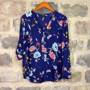 Express Women's Royal Blue Floral Half Zip Roll Tab Sleeve Blouse Top Large